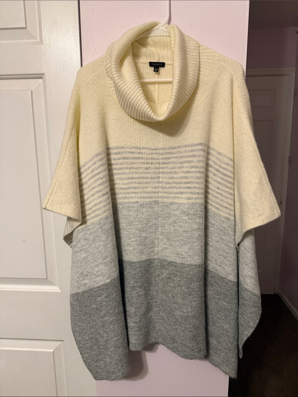 Talbots Cream and Gray Striped Cowl Neck Sweater Poncho